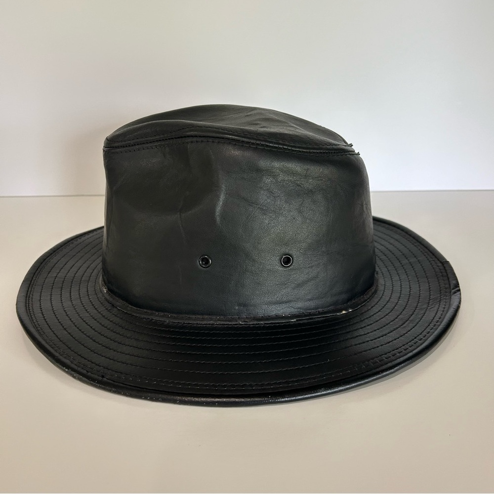VINTAGE HENSCHEL BLACK LEATHER FEDORA HAT SIZE M